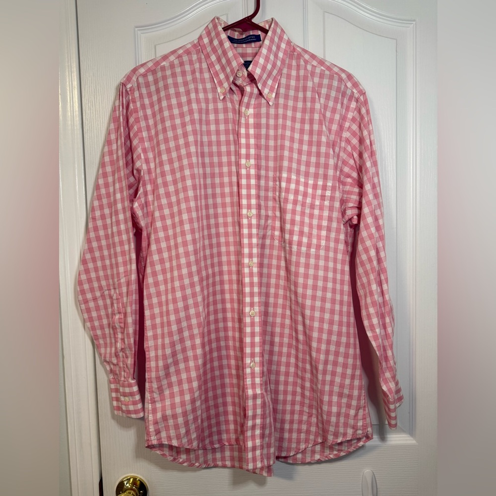 J. McLaughlin Pink and White Gingham Men's Button Down Shirt 100% Cotton Medium